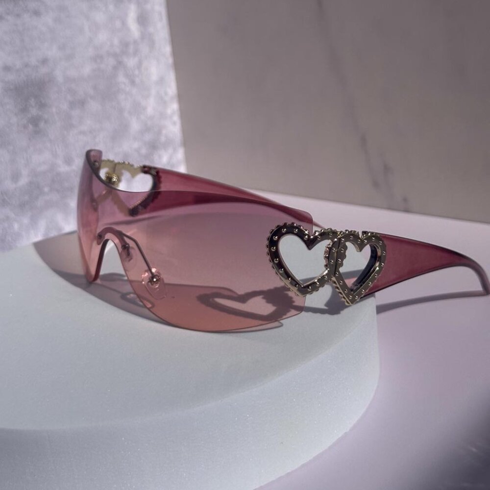 Y2K Rimless Sunglasses, Unisex in Hot Pink. Trendy Gradient Wrap-Around Eyewear